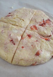 Flatten the strawberry scone dough and cut them into six pieces