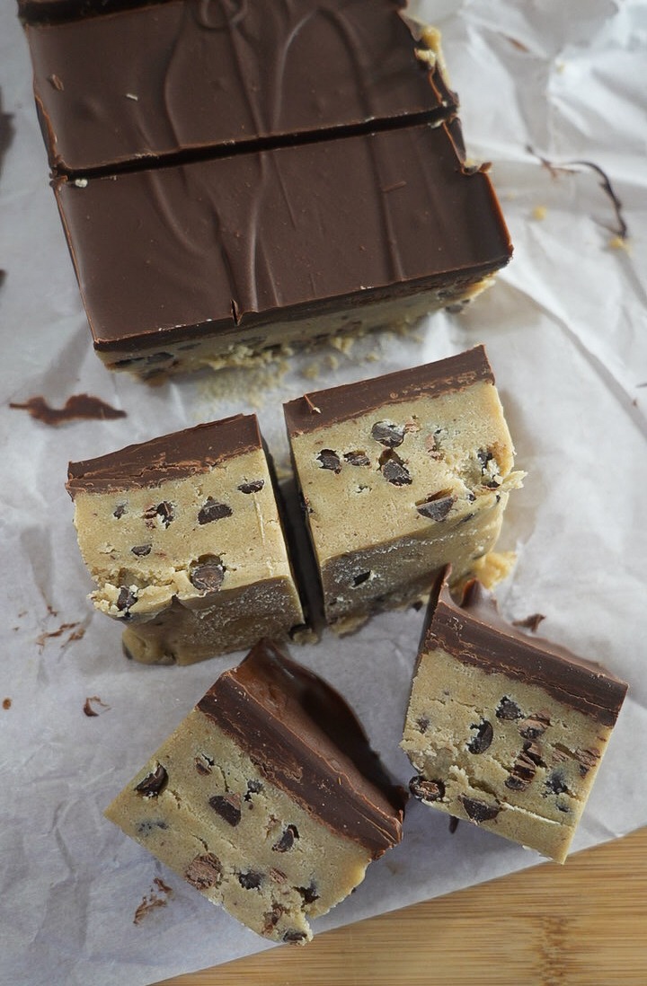 3-Ingredient cookie dough bars cut up into pieces