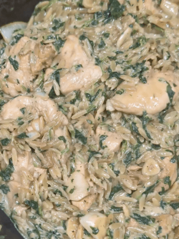 An easy to make chicken orzo one-pan skillet dinner recipe