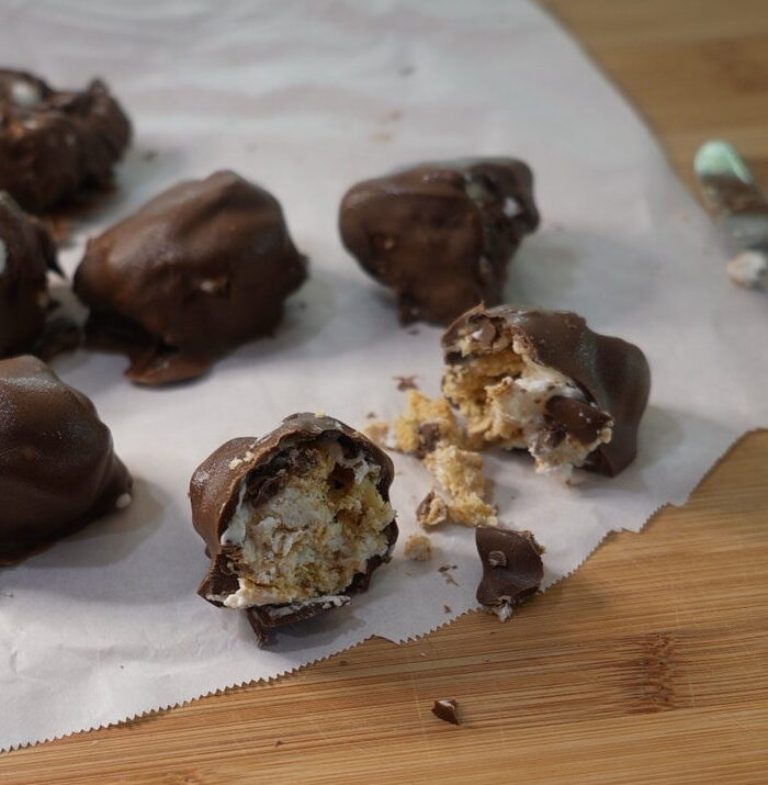 FInal recipe shot of the frozen yogurt s'mores clusters cut open