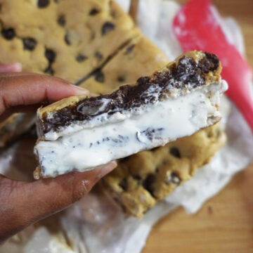 A chocolate chip cookie ice cream sandwich