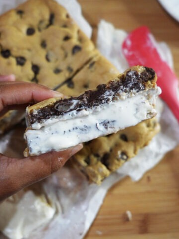 A chocolate chip cookie ice cream sandwich