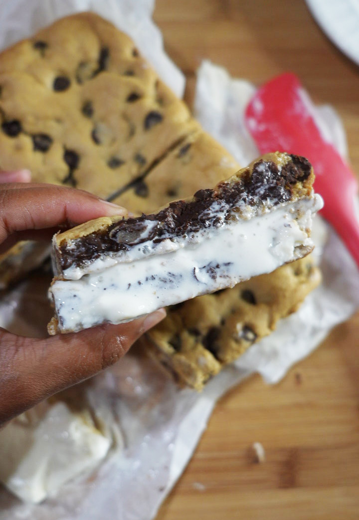 A chocolate chip cookie ice cream sandwich
